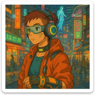 cyberpunk 2077 character in vibrant city with tech accessories, ghibli style sticker