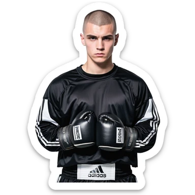white man with dark hair, dark eyes, buzzcut faded haircut, 100kg boxer, wearing full black clothes, black adidas boxing gloves sticker