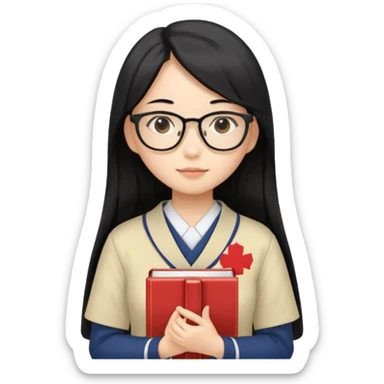 A student, asian girl, long black hair, wearing glasses, japanese uniform, hold book in front of their chest sticker