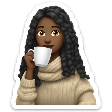 White girl black hair in a sweater and scarf sipping tea  sticker