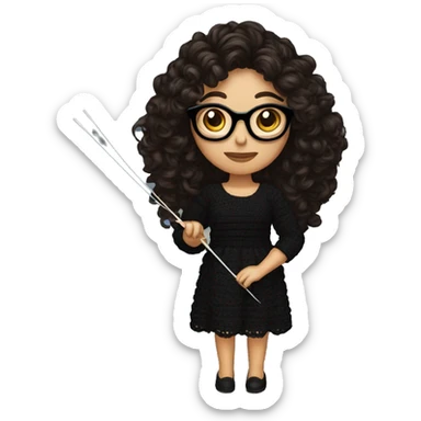 Hispanic woman with black glasses long dark brown curly hair holding crochet needle with yarn wearing a black dress sticker