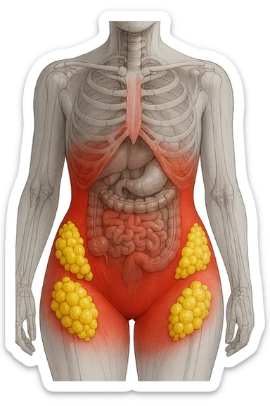 corpo umano anatomico con addome e fianchi segnati in rosso, grappoli di cellule adipose gialle su fianchi e addome sticker