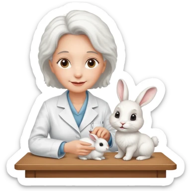 Older female vet – gentle smile, coat, checking rabbit on table. sticker