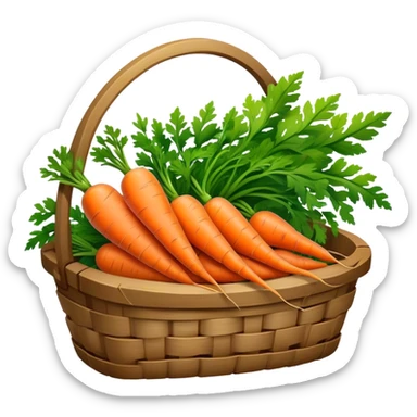 Cinematic vibrant orange carrot, crisp and fresh, slightly twisted with green leafy tops, arranged in a rustic wooden basket, natural and inviting. sticker