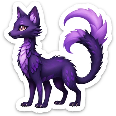 Kawaii dark purplish blackish edgy fantasy ethereal feline-vernid-sergal-fursona animal creature with a tufted tail full body with intricate markings  sticker