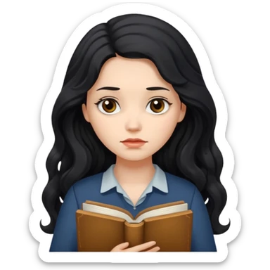 Long Hair Women with Book, Black wavy hair, sad

 sticker