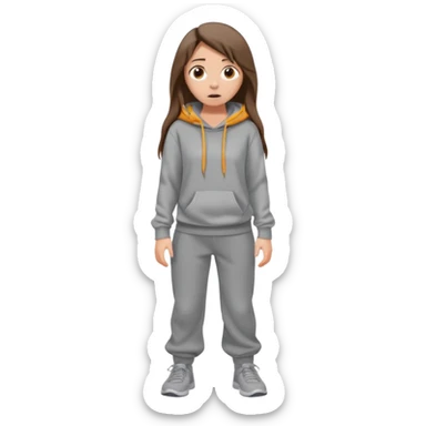 Chica grande  asustada de cuerpo completo mirado a la izquierda con pelo castaño largo y piel blanca  pantalones baggy  grises y hoodie gris  sticker