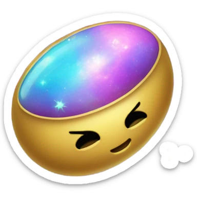 A glowing magical pill emoji with a golden outline and a swirling galaxy inside it. Tiny stars and planets orbit around it, and the background is a deep space scene with colorful nebulae. sticker