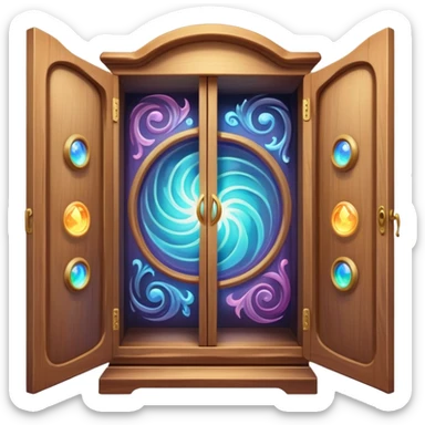 magical vanishing cabinet with doors partially open showing mystical energy inside sticker