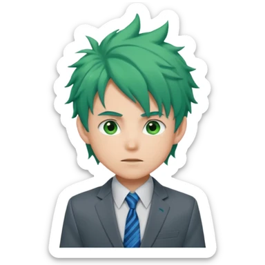 deku : boy anmie green hair green eyes in a ua gray jacket and blue tie suit with frenkles messy hair sticker