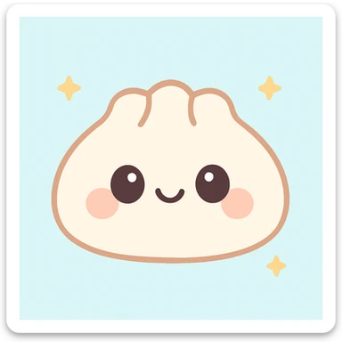 dumpling stylized as a kawaii character, blushing cheeks, big eyes, playful expression sticker