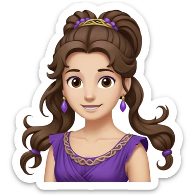 Femme aux cheveux longs et bruns attachés en une seule queue-de-cheval haute et volumineuse, avec une grande mèche retombant sur son front. Ses cheveux sont légèrement bouclés aux extrémités. Elle porte une robe violette inspirée de la Grèce antique et a un sourire malicieux. sticker