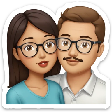 Asian American woman kissing a white guy with brown hair and the white guy has face stubble and glasses sticker