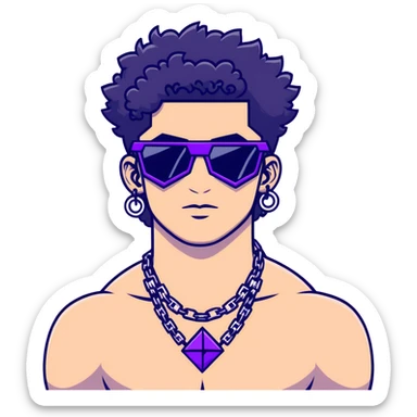 shirtless male athlete with white skin and moderately curly black hair on top with shaved sides, wearing sharp angular geometric purple sunglasses with very dark heavily tinted black lenses, and a simple plain black chain necklace, no earrings sticker