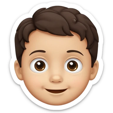 close-up of round smiling toddler boy face only with big eyes, medium skin tone, dark wavy hair, no neck visible, just the face sticker