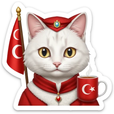 Arkasında Türk bayrağı olan  ve çay içen kafasına fes takan bir van kedisi sticker
