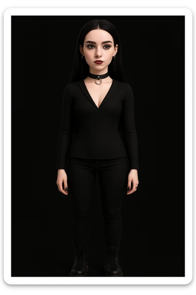Make the woman more attractive with facial piercings, remove her fringe, dress her in gothic clothing, keep her pale skin and long straight black hair, standing still, with no background. sticker