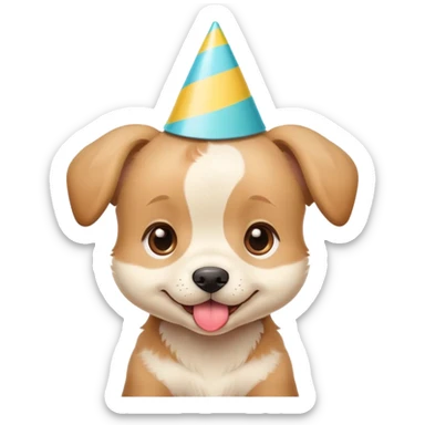 Cute puppy with a silly expression wearing a tiny party hat sticker