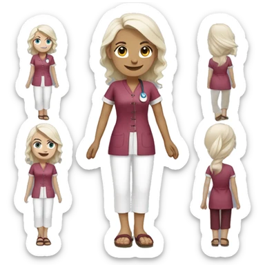 Nurse with tied platinum blonde hair, blue eyes, burgundy coloured tunic, white pants, pink closed Birkenstocks sticker