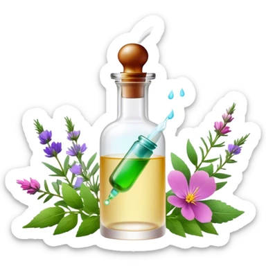 Perfume making icon, delicate glass bottle being filled with colorful essential oils from droppers, swirling mist rising from the bottle, flowers and herbs nearby, minimalistic style, clean lines, transparent background. sticker
