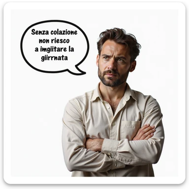 hyperrealistic 4K man isolated on white background, speech bubble saying 'Senza colazione non riesco a iniziare la giornata', convinced expression, realistic details, natural pose, variant 1 sticker
