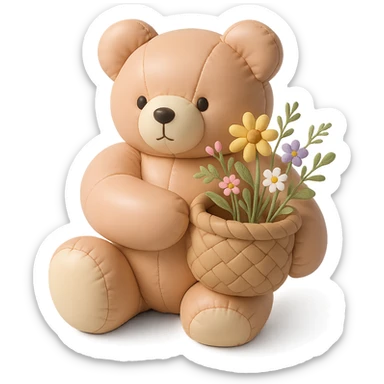 bear carrying a basket of wildflowers, soft pastel brown and cream, cushion style sticker