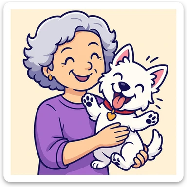 Make the Westie dog playful, with a fun pose or playful expression, keep the 50-year-old lady with silver curly hair smiling (originally sticker style) sticker
