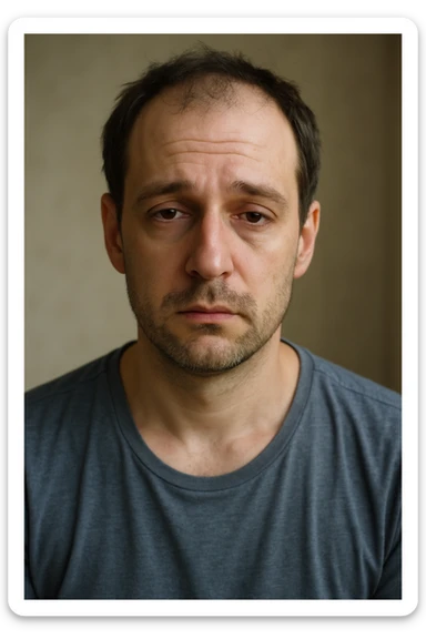 Un uomo caucasico di 35-45 anni, in CGI fotorealistico, che mostra i segni fisici ed emotivi di un basso livello di testosterone. sticker