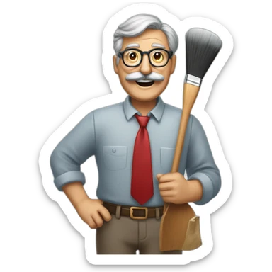 smiling old painter wearing a big grayl horeshoe mustache and glasse. he has a paintbrush in his hand. he wears red shirt and tie sticker