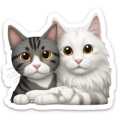 A grey & white cat and a black,brown, and white fluffy cat snuggling  sticker