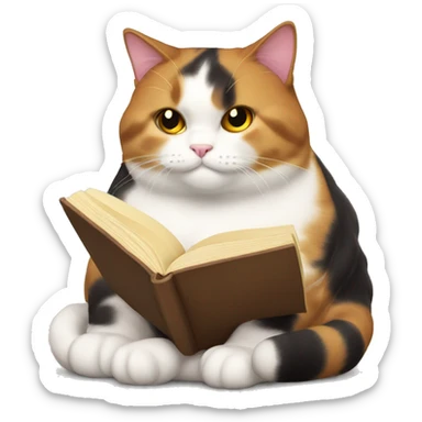 Fat calico cat reading sticker