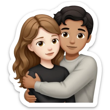 girl with long light brown hair and pale skin hugging a boy with short black wavy hair and tanned skin sticker