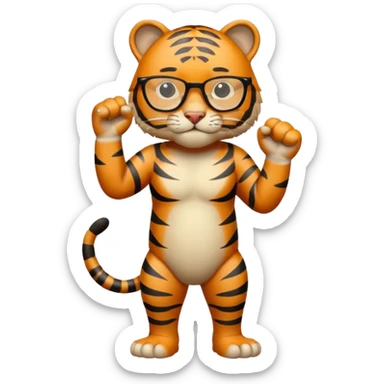 un tigre con gafas parado en dos patas con la mano en la derecha haciendo firme sticker