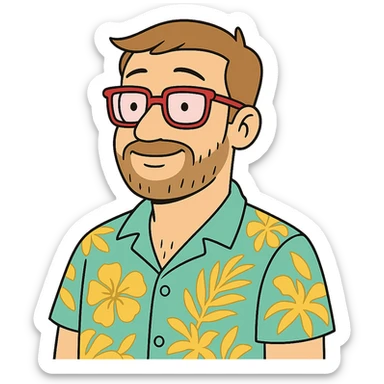 man with light skin tone, short light brown hair and beard, wearing a Hawaiian shirt and pink glasses sticker