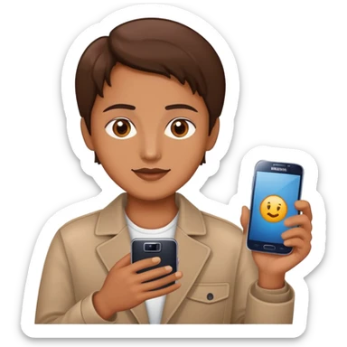 A brown cart with a brownie eyes Holding a samsung phone sticker