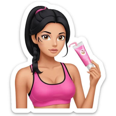 beauty routine, spa, pink face cream, long black hair tanned woman, black sports bra, sexy, hot  sticker