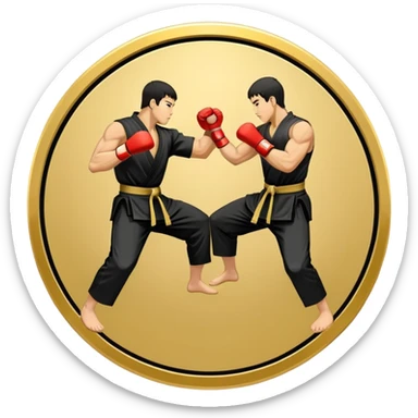 Round emblem symbolizing striking martial arts. The emblem features two fighters in dynamic stances, one delivering a powerful punch while the other defends with a block. In the center, a stylized fist and foot crossed to represent the essence of striking.  sticker