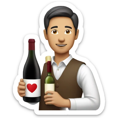 Asian Man with a bottle of wine come with heart shaped label  sticker