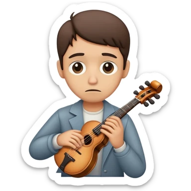 sad musician looking up with a thoughtful expression, holding an instrument sticker