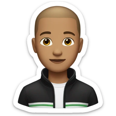 boy with very light brown skin, buzz cut, no facial hair, wearing a smart black quarter zip jumper with white t shirt underneath. sticker