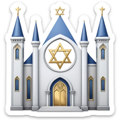 reform jewish synagogue similar in architecture to historical religious architecture in europe. the building should be white with silver/golden features, gothic architectural elements and star of david. no crosses. the emoji should be in ios emoji style. sticker