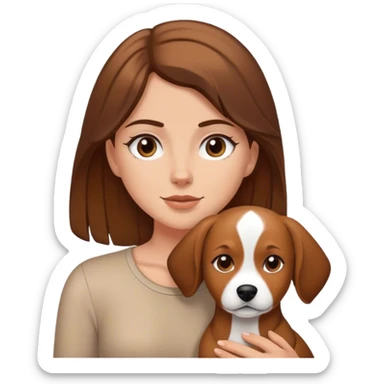 White girl with brown hair holding tan dog sticker