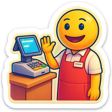 3D smiley emoji, round shape, store clerk wearing colorful apron, name tag, cash register, smiling and friendly expression, specifically helpful mood, transparent background sticker