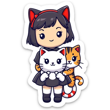 girl with black Lolita dress and black hair with red tips next to an American Shorthair tabby cat sticker