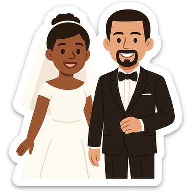 flat toon style light-skinned African American bride and light-skinned groom with black goatee in a tuxedo sticker