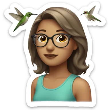 Girl pale , brunette, with short hair, wearing glasses with a hummingbird next to her sticker