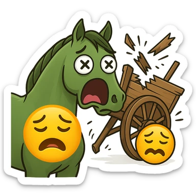 Make the horse cart look broken and add funny, exaggerated emoji expressions to the horse and cart. Keep the style consistent. The style is emoji style. Keep the background transparent. sticker