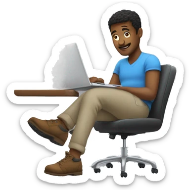 a guy behind a laptop and a footrest underneath sticker
