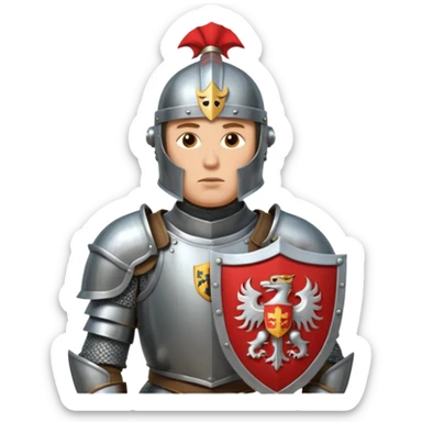 An emoji portrait of a medieval knight. He wears a suit of armor with a stylized helmet. His expression is serious and determined, and he holds a shield with a family crest. sticker