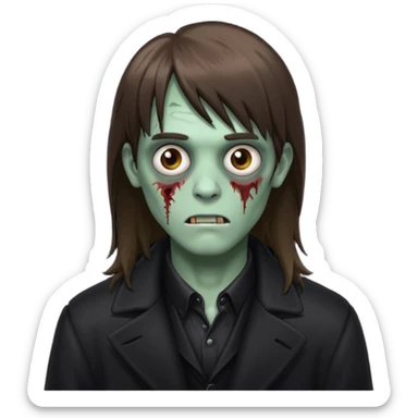 Zombie, emo guy with dark circles under his eyes and long brown hair with straight bangs, in a black long
 sticker